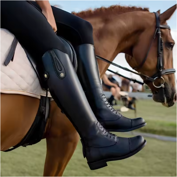 Une jeune femme sur un cheval portant a ces pieds des bottes d'équitation design et joli
